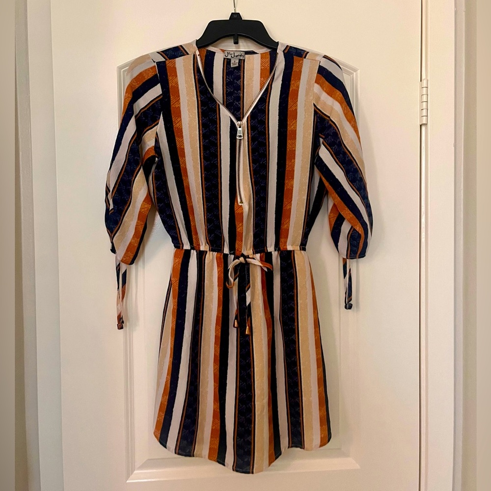 Striped Elastic Waist Dress with Zipper V-neck